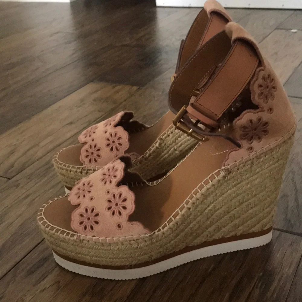 See By Chloé Pink Floral Suede Espadrille Wedge Sandals